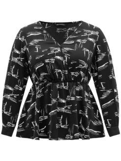 Geometric Wrap Elastic Waist Ruffle Hem Blouse -Bloomchic Shop 542105657 nn