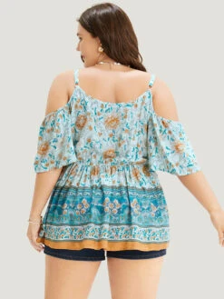 Floral Print Tie Neck Keyhole Ruffles Cold Shoulder Blouse -Bloomchic Shop 542213620 rm