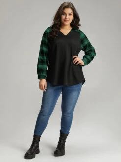 Plaid Print Hooded Patchwork Sweatshirt -Bloomchic Shop 542327037 fo