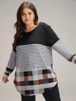 Plaid Striped Patchwork Arc HemT-shirt