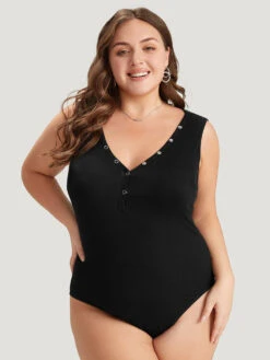 Supersoft Essentials Plain Rib Knit Button Detail Tank Bodysuit