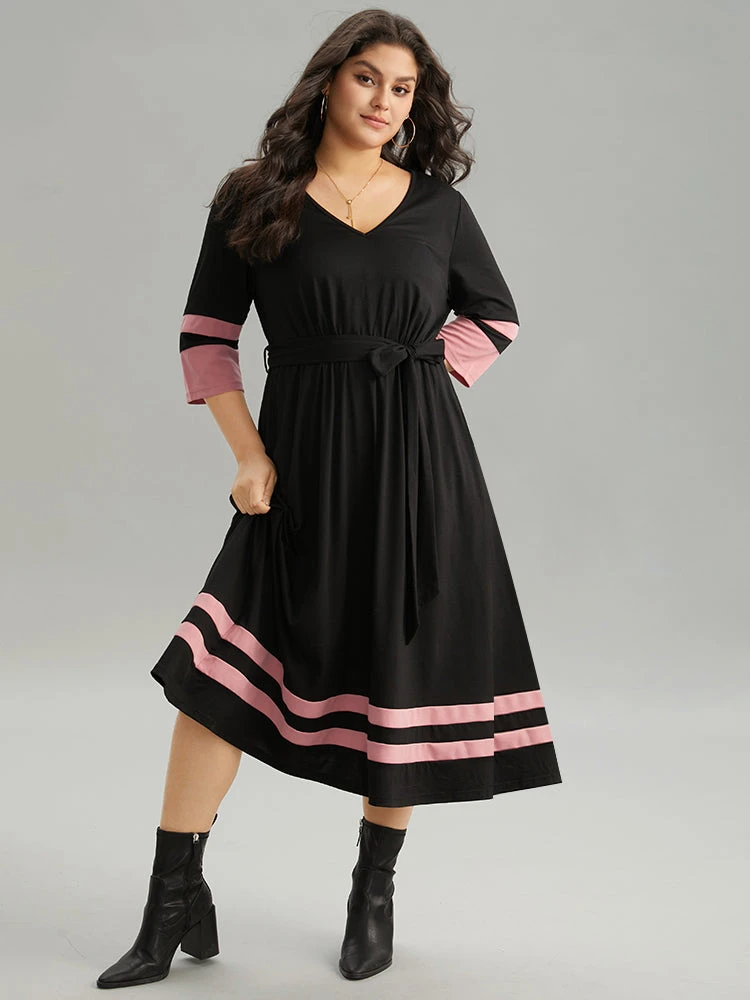 Colorblock Contrast Elastic Waist Pocket Belted Dress 4 Colorblock Contrast Elastic Waist Pocket Belted Dress - Image 2