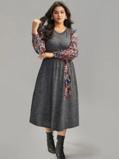 Ditsy Floral Patchwork Ruffle Trim Belted Dress -Bloomchic Shop 545586996 zt