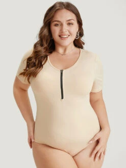 Plain Zipper Half Crew Neck Bodysuit