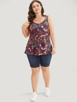 Cat & Plant Print Sleeveless Cut Out Cami Top -Bloomchic Shop 545804968 jc