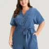 Anti-Wrinkle Solid Patched Pocket Notched Button Up Belt Romper -Bloomchic Shop 545896511 xm
