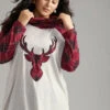 Elk Plaid Patchwork Cowl Neck T-shirt