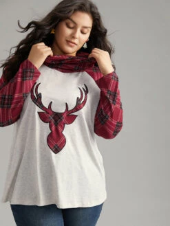 Elk Plaid Patchwork Cowl Neck T-shirt