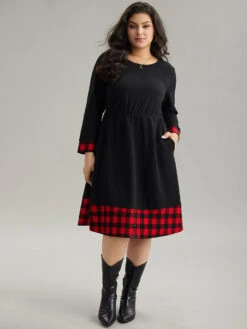 Plaid Patchwork Round Neck Elastic Waist Dress -Bloomchic Shop 547477394 jy