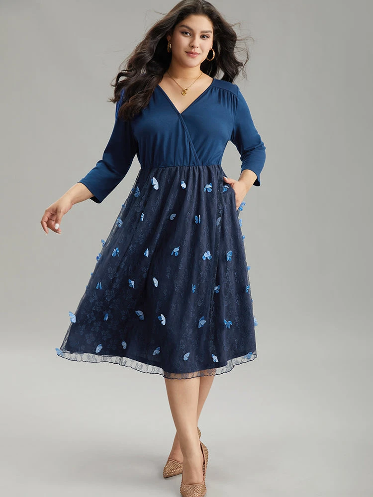 Butterfly Patchwork Overlap Collar Mesh Dress 3 Butterfly Patchwork Overlap Collar Mesh Dress