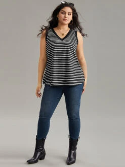 V Neck Striped Contrast Trim Tank Top -Bloomchic Shop 548967322 rf