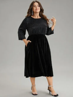 Rhinestone Patchwork Velvet Elastic Waist Dress -Bloomchic Shop 549315890 dn