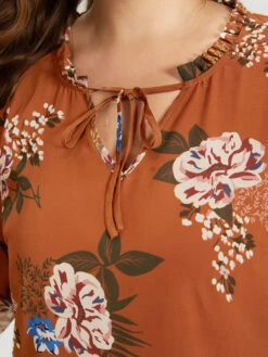 Floral Print Knot Neck Frill Trim Mesh Bell Sleeve Blouse -Bloomchic Shop 549969140 jw