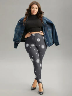 Christmas Snowflake Elastic Waist Skinny Leggings -Bloomchic Shop 550235141 ao