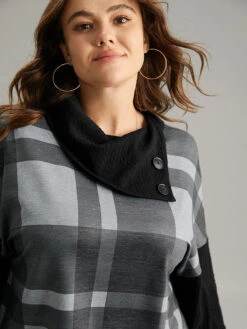 Plaid Patchwork Mock Neck Button Detail Sweatshirt -Bloomchic Shop 550738412 cg