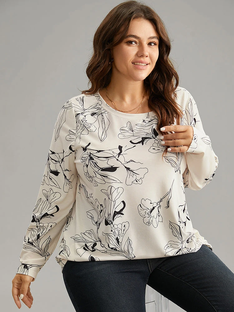 Crew Neck Silhouette Floral Print Basic T-shirt 5 Crew Neck Silhouette Floral Print Basic T-shirt - Image 3