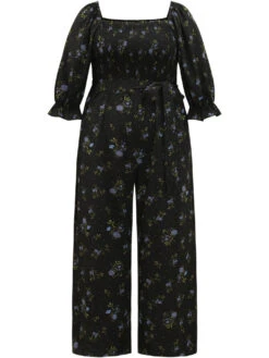 Floral Print Shirred Belted Square Neck Frill Trim Jumpsuit 17 Floral Print Shirred Belted Square Neck Frill Trim Jumpsuit -Bloomchic Shop 551116309 im