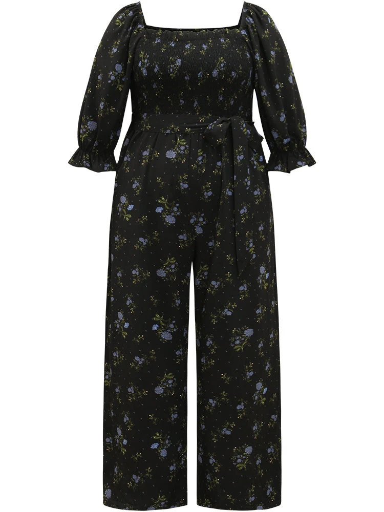 Floral Print Shirred Belted Square Neck Frill Trim Jumpsuit 10 Floral Print Shirred Belted Square Neck Frill Trim Jumpsuit - Image 8