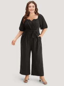 Plain Square Neck Pocket Belted Zipper Jumpsuit