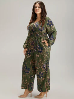 Silhouette Floral Print Shirred Elastic Cuffs Jumpsuit -Bloomchic Shop 551600053 ur