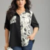 Silhouette Floral Print Twill Shirt Collar Contrast Blouse