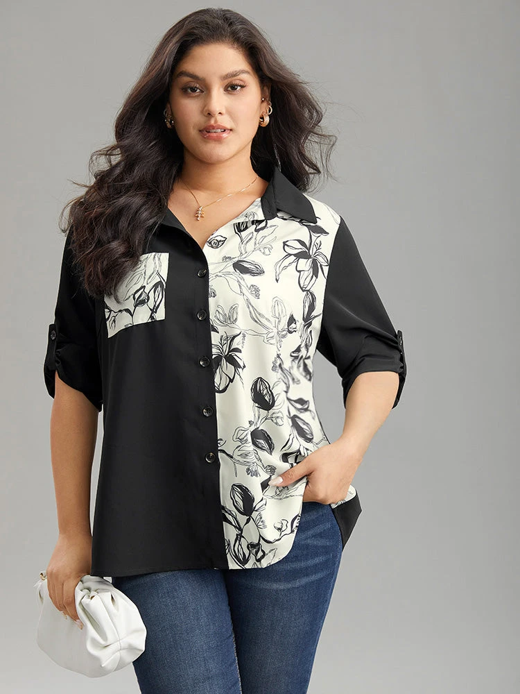 Silhouette Floral Print Twill Shirt Collar Contrast Blouse 3 Silhouette Floral Print Twill Shirt Collar Contrast Blouse