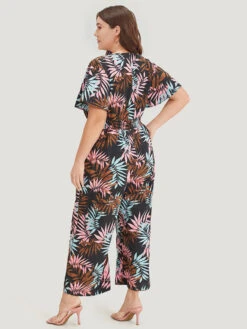 Tropical Print Knot Neck Shirred Wrap Jumpsuit -Bloomchic Shop 551673916 ko