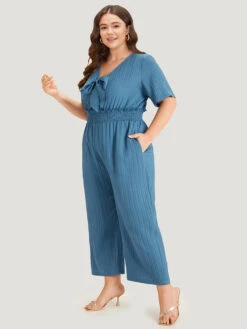 Textured Bowknot V Neck Shirred Pocket Jumpsuit -Bloomchic Shop 552331663 dx