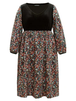 Ditsy Floral Velvet Patchwork Lantern Sleeve Dress 13 Ditsy Floral Velvet Patchwork Lantern Sleeve Dress -Bloomchic Shop 553275743 tw