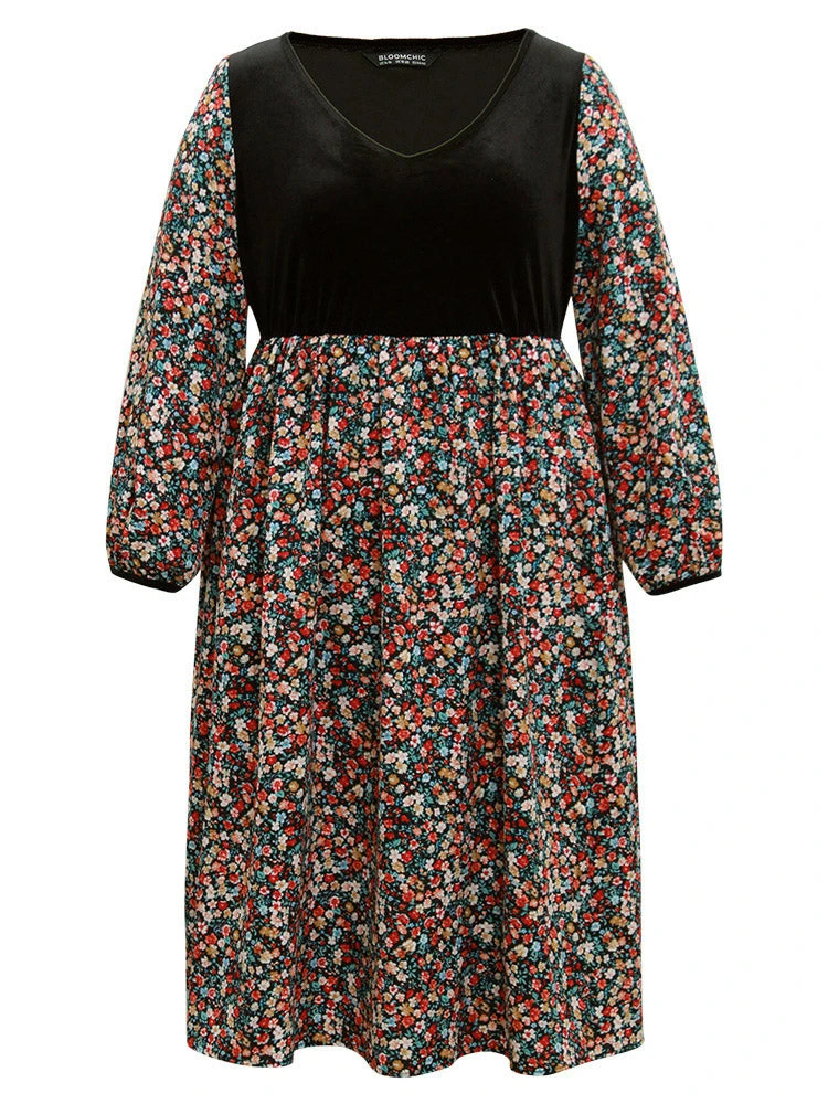 Ditsy Floral Velvet Patchwork Lantern Sleeve Dress 8 Ditsy Floral Velvet Patchwork Lantern Sleeve Dress - Image 6