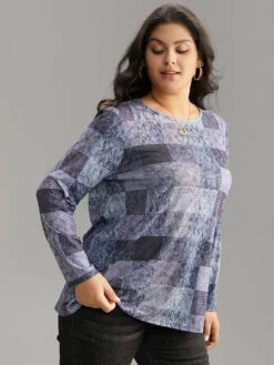 Colorblock Contrast Plaid Round Neck T-shirt -Bloomchic Shop 553776695 up