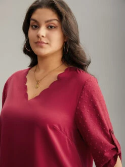 Plain V Neck Tab Sleeve Scalloped Trim Blouse -Bloomchic Shop 554228768 ux