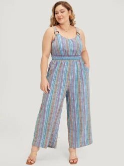 Striped Contrast Buckle Detail Pocket Shirred Jumpsuit -Bloomchic Shop 554981778 qu