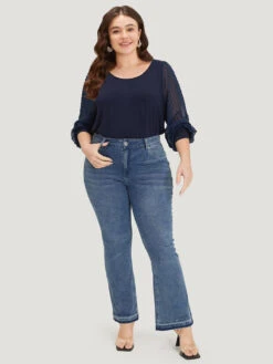 Plain Mesh Patchwork Lantern Sleeve Crew Neck Bodysuit -Bloomchic Shop 555723010 md