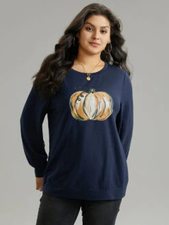 Round Neck Pumpkin Print Sweatshirt 11 Round Neck Pumpkin Print Sweatshirt -Bloomchic Shop 556550431 ix