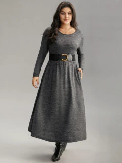 Plain Heather Metal Buckle Detail Dress With Belt -Bloomchic Shop 55693033 dd