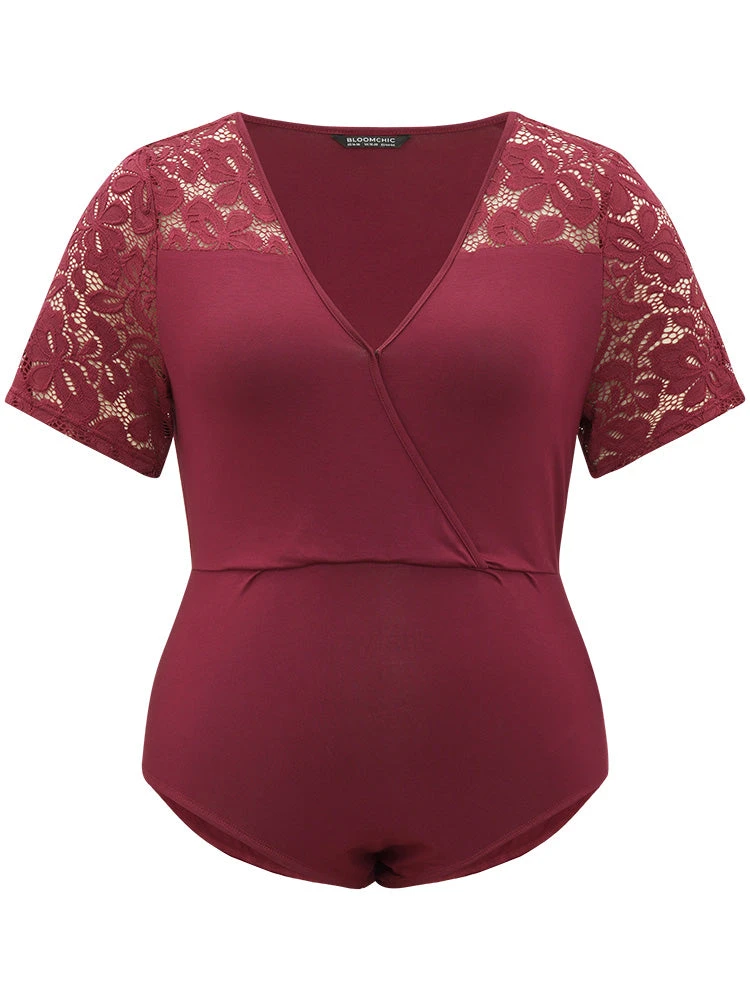 Plain Crochet Lace Mesh Surplice Neck Bodysuit 10 Plain Crochet Lace Mesh Surplice Neck Bodysuit - Image 8