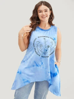 Floral & Letter Print Asymmetrical Hem Tie Dye Tank Top -Bloomchic Shop 558076014 eo
