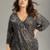 Glitter Galaxy Wrap Lantern Sleeve Blouse -Bloomchic Shop 55808796 ur