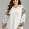 Leopard Patchwork Contrast Lantern Sleeve Sweatshirt -Bloomchic Shop 55818603 to
