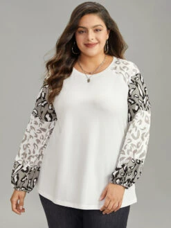 Leopard Patchwork Contrast Lantern Sleeve Sweatshirt