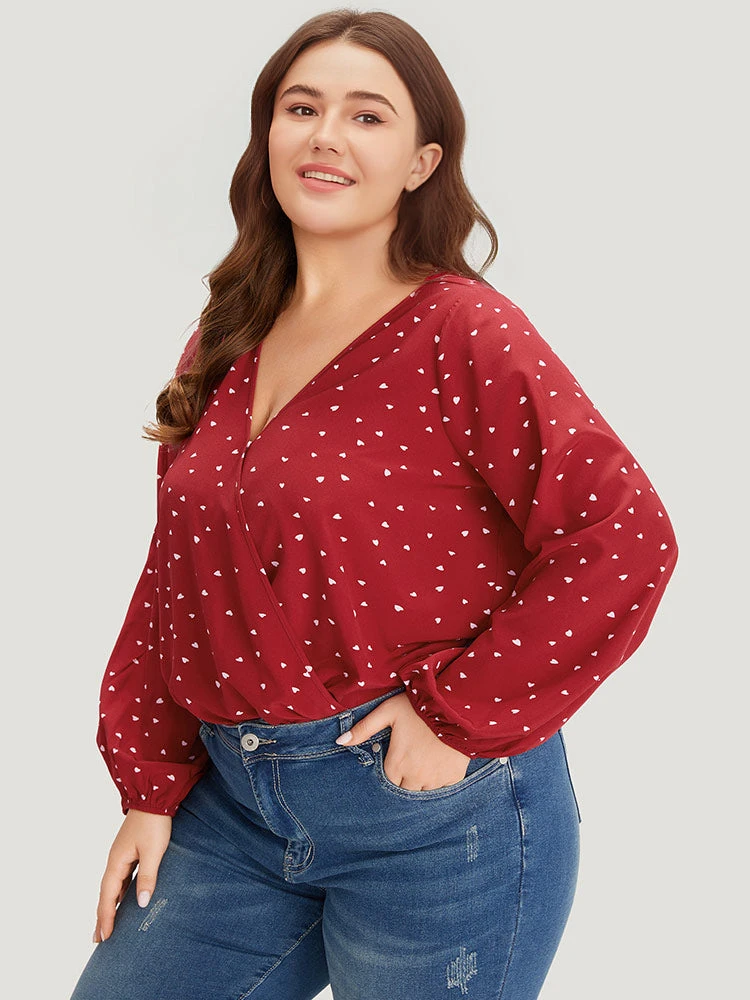 Heart Print Surplice Neck Lantern Sleeve Bodysuit 6 Heart Print Surplice Neck Lantern Sleeve Bodysuit - Image 4