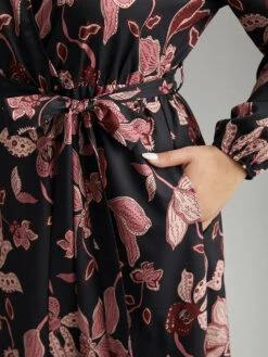 Floral Lantern Sleeve Belted Overlap Collar Dress -Bloomchic Shop 559695148 eq