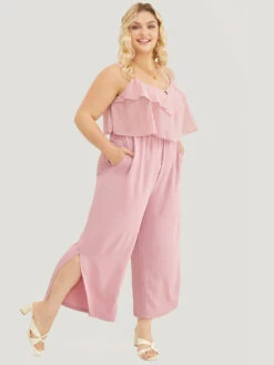 Solid Ruffle Trim Pocket Split Hem Keyhole Cami Jumpsuit -Bloomchic Shop 560736831 bu