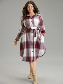 Plaid Shirt Collar Button Through Belted Dress