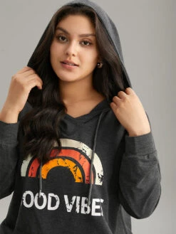Rainbow Print Kangaroo Pocket Hooded Sweatshirt -Bloomchic Shop 561051145 vu