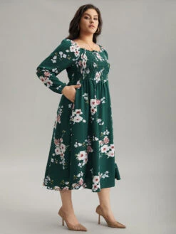 Floral Print Split Hem Pocket Shirred Dress -Bloomchic Shop 561204481 bj