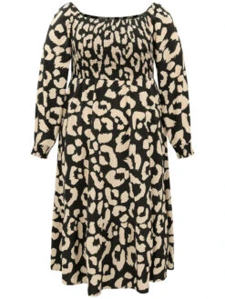 Leopard Shirred Square Neck Lantern Sleeve Dress -Bloomchic Shop 561389378 gn