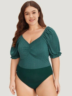 Plain Cut Out Ruched Puff Sleeve Bodysuit -Bloomchic Shop 561752797 oi