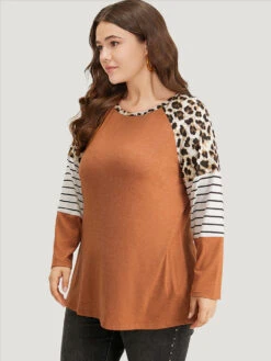 Striped Patchwork Leopard Print Crew Neck T-shirt 16 Striped Patchwork Leopard Print Crew Neck T-shirt -Bloomchic Shop 562758846 lh